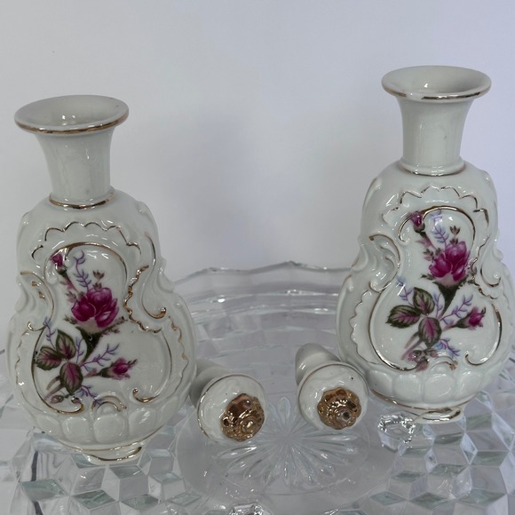 Vintage Porcelain Vanity Set Floral Rose Design‎ Perfume Bottles Trinket Box - Picture 15 of 16